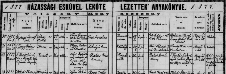 Gyenge József és Erős Karolina házassága - családfakutatás
